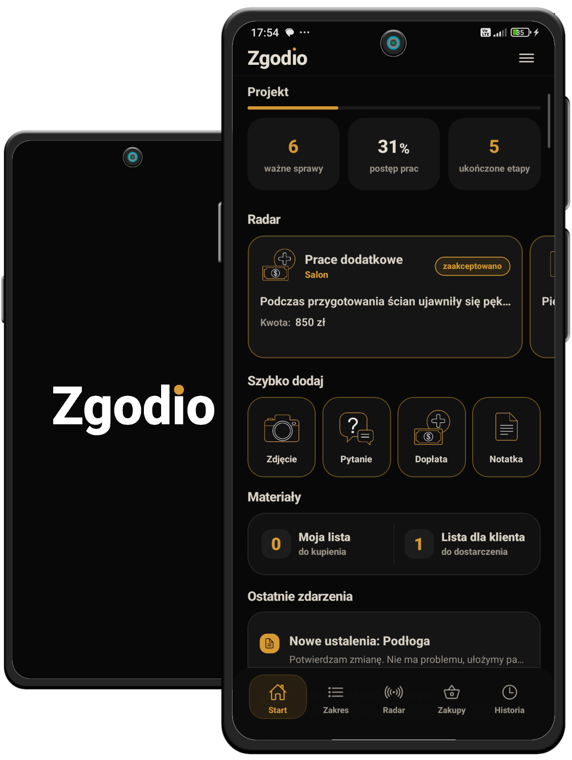 Aplikacja Zgodio na dwóch telefonach - wspólny projekt wykonawcy i klienta